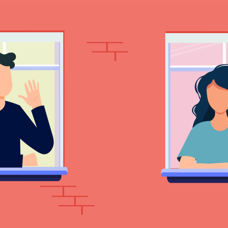 Zwei Personen winken sich durch Fenster in einem bunten Hintergrund zu.