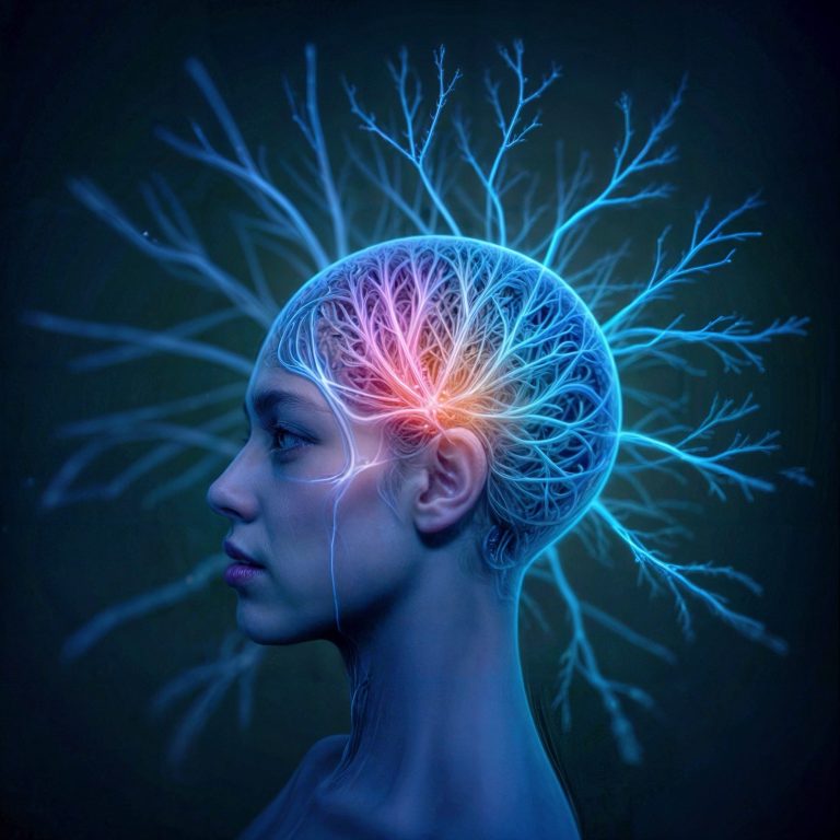 Spiegelneurone in Beziehungen Profil eines menschlichen Kopfes mit leuchtenden, verzweigten neuronalen Linien.