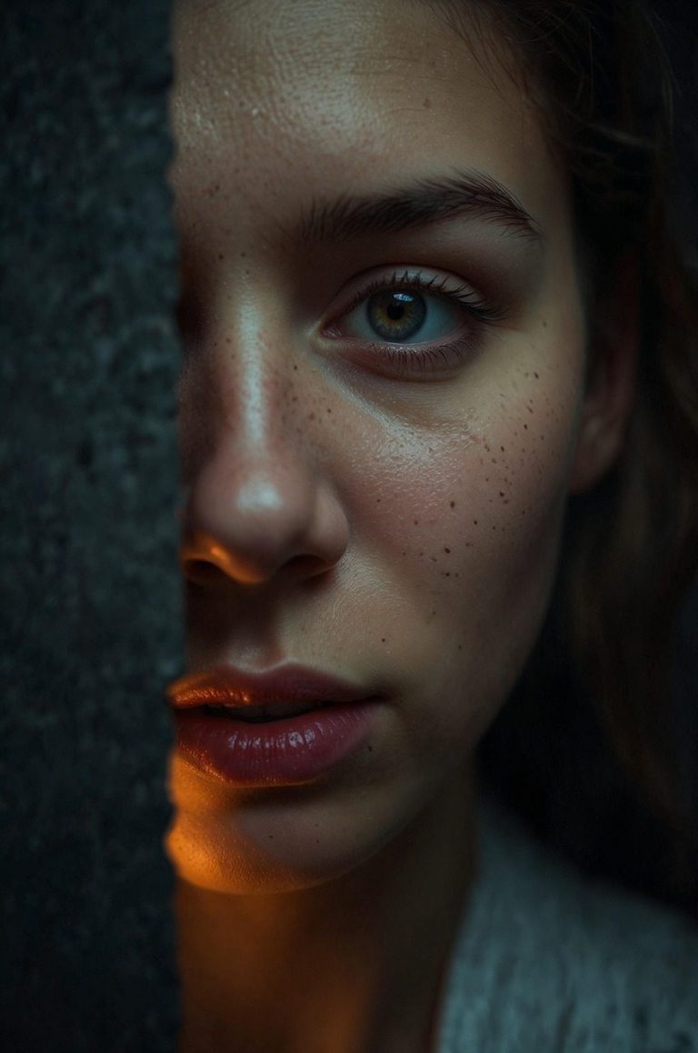 Fremdgehen Portrait einer Person, die hinter einer Wand steht, mit einem intensiven Blick und leichtem Licht.