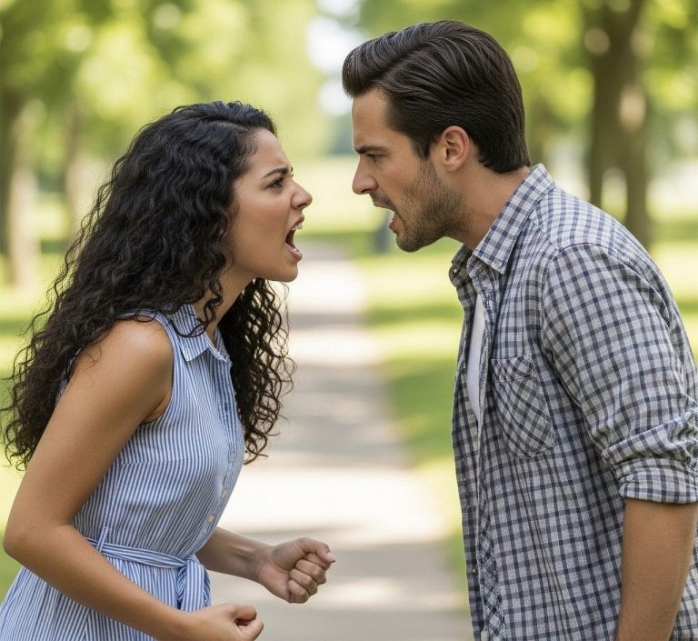 Woran erkenne ich Beziehungssabotage? Zwei Personen streiten sich leidenschaftlich auf einem Gehweg in einem Park.